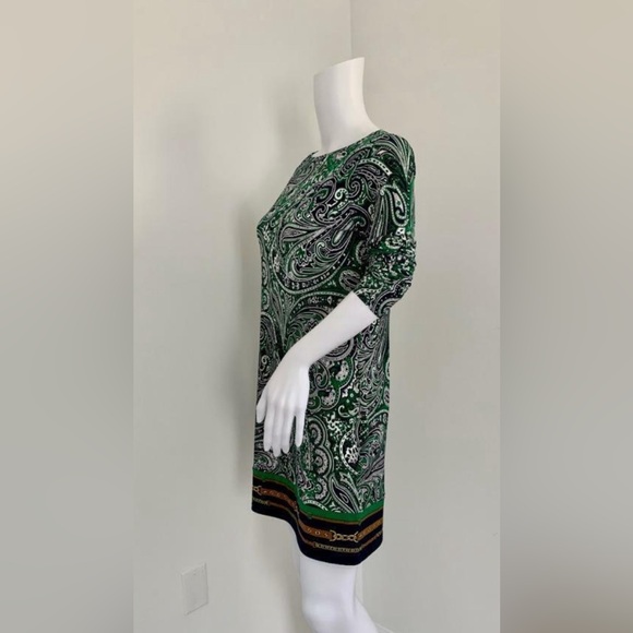 MICHAEL KORS Navy Green White Poly Blend Paisley Matt Jersey Shirt Dress - Picture 2 of 5